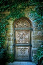 Old wooden door with carved pattern in a mysterious garden