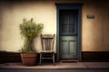 Old wooden door and chair in front of a yellow wall with green plant Royalty Free Stock Photo