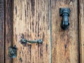 Old wooden door with a hand shaped knob Royalty Free Stock Photo