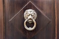 Old wooden door. Heads of lion on the front . vintage door knocker. Royalty Free Stock Photo