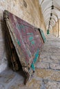 An old wooden door lies against a wall in a tunnel along the west wall on the Temple Mount, in the old city of Jerusalem, in