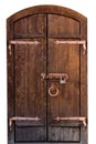 Old wooden door with a lock and a door handle in the form of a ring in the rays of sunlight. Isolate on white background Royalty Free Stock Photo