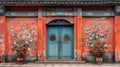 Old wooden door and red flowers on the wall of Chinese temple Royalty Free Stock Photo