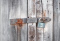 Old wooden door secured by rusty padlock Royalty Free Stock Photo