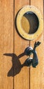 Old wooden door to house with a brass knocker in the shape of a Royalty Free Stock Photo