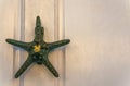 Old wooden door to house with a brass knocker in the shape of a Royalty Free Stock Photo