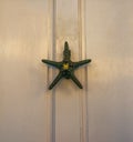 Old wooden door to house with a brass knocker in the shape of a Royalty Free Stock Photo