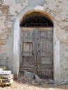 Old wooden door of traditional stone house in Campi, a dreamy mountain village in Castagniccia.Corsica, France. Royalty Free Stock Photo