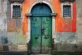 Old wooden door in Venice, Italy, Colorful facade of old house