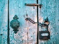 Old wooden doors with handle, heck and lock Royalty Free Stock Photo