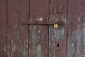 Old wooden doors locked with metal yellow lock. New yellow lock on old brown doors Royalty Free Stock Photo