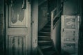 Old wooden doors and stairs in an abandoned manor house. Shabby walls. Royalty Free Stock Photo