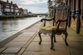 An old wooden English chair stands by the river