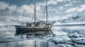 Vintage wooden expedition ship moored on icy waters surrounded by snow-capped mountains Royalty Free Stock Photo