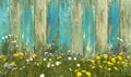 Old wooden fence in blue color with grass, overgrown with weeds and wildflowers on a summer sunny day. Front view. Illustration wi