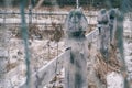 Old wooden fence close-up. A collapsed fence in the field Royalty Free Stock Photo