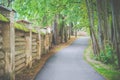 Old wooden fence in forest and asphalt road Royalty Free Stock Photo