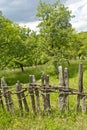 Old wooden fence in village with orchard Royalty Free Stock Photo