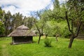 Old wooden fishermen`s hut in between green trees, Latvia