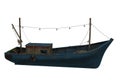 Old wooden fishing boat with blue hull. 3D illustration isolated on white background Royalty Free Stock Photo