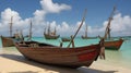 Old wooden fishing boat with paddles on a beach...