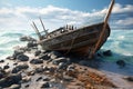 Old wooden fishing boat on the seashore. 3d render, Wreck of a fishing boat in the sea. 3d render, AI Generated Royalty Free Stock Photo