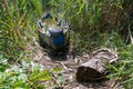 An old wooden fishing boat is submerged near the shore of the lake. The boat was moored in the thicket after the shipwreck. A Royalty Free Stock Photo