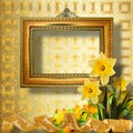 Old wooden frame with bunch of flower narcissus