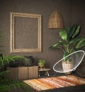 Old wooden frame mock-up in ethnic interior Royalty Free Stock Photo