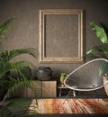 Old wooden frame mock-up in ethnic interior Royalty Free Stock Photo