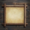 Old wooden frame with paper or parchment on wood background 3d illustration Royalty Free Stock Photo