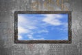 Old Wooden Frame Window With Sky Clouds View On Wall
