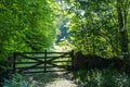 Old wooden gate in a lush greenery