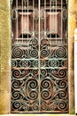 Old wooden green door with wrought iron details