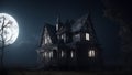 Old wooden grungy dark evil haunted house with evil spirits with full moon cold fog atmosphere and trees illustration Royalty Free Stock Photo