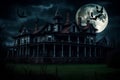 Old wooden grungy dark evil haunted house with evil spirits with full moon