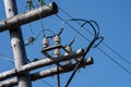 Old wooden high voltage electric transmission tower with wires on insulators Royalty Free Stock Photo