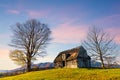 Old wooden house built on grassy hill against mountains Royalty Free Stock Photo