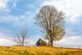 Old wooden house built on grassy hill against mountains Royalty Free Stock Photo