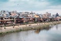 Gion street old wooden houses and Kamo river at spring in Kyoto, Japan
