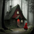 Old wooden house in a dark forest with a red cloak and hood