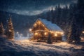 old wooden house decorated with lights and Christmas tree in winter forest, snow covered trees and mountains, cloudy sky at night Royalty Free Stock Photo