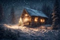 old wooden house decorated with lights and Christmas tree in winter forest, snow covered trees and mountains, cloudy sky at Royalty Free Stock Photo