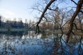 Old wooden house on the edge of forest near the lake in spring season. Fishing village. Traditional exterior in soviet or russian Royalty Free Stock Photo