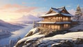 Old wooden house with elements of traditional Japanese architecture on a hillside on a winter sunset.