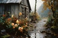Old wooden house in the forest in autumn with yellowed flowers