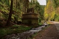 Old wooden house in the forest near the river and forest against the blue sky Royalty Free Stock Photo