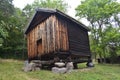 Oslo, Norway, September 2022: Old wooden house with grass roof exhibited at The Norwegian Museum of Cultural History Royalty Free Stock Photo