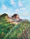 old wooden house illustration. small seashore house standing on a hill over the ocean. meadow grass on a foreground