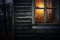 an old wooden house with a light shining through the window Royalty Free Stock Photo